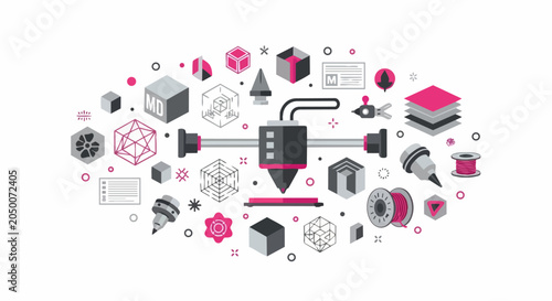 Modern 3D Printing and Additive Manufacturing Concept Illustration featuring Nozzle, Filament, Geometric Shapes, and Technical Icons for Digital Fabrication