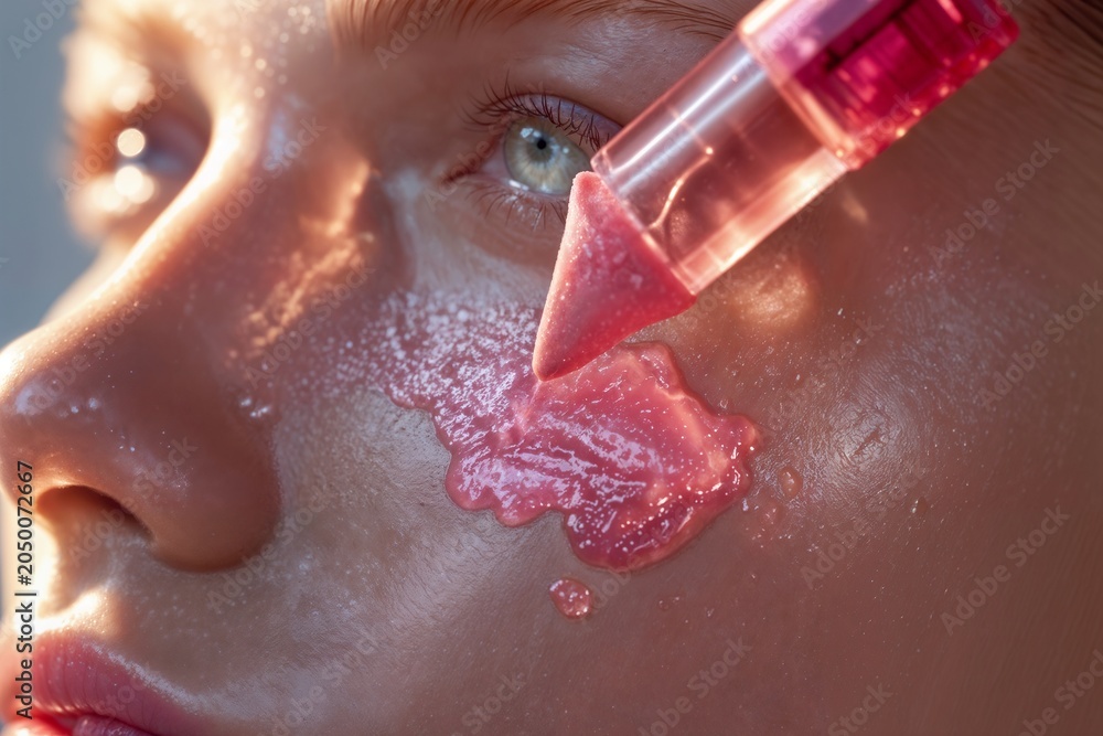 Fototapeta premium Close up of a female model face while applying a shimmery pink jelly blush stick onto her cheek. Radiant glowing skin and modern beauty trend concept.