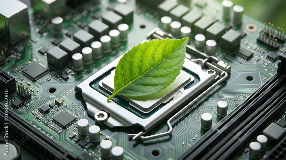 Fototapeta premium Green leaf on computer CPU and motherboard