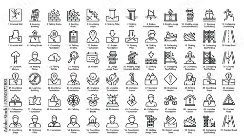 Collection of black and white line icons depicting various structural issues and foundation problems