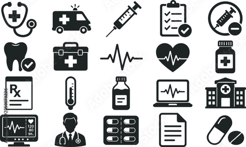 Hospital Medical and Healthcare Icon Set with Ambulance Doctor Tooth Dental First Aid Kit and Pharmacy Symbols for Clinic Mobile Apps and Websites