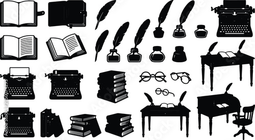 Billede på lærred Vintage Writing Tools Collection: Open Books, Typewriters, Inkwells, Quills, Des