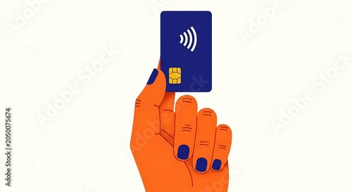 Hand holding contactless credit card with chip illustration