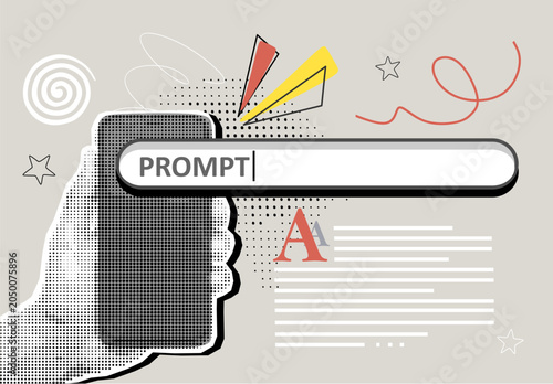 Trendy Halftone Collage Artificial intelligence and digital technology. Hand holds phone with search bar and prompt. AI powered search engine. Generate content. Contemporary vector illustration art
