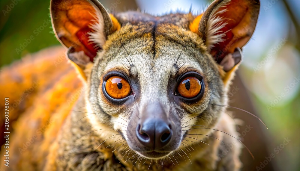 Fototapeta premium A close-up of a nocturnal primate's face with large orange eyes and pointed ears