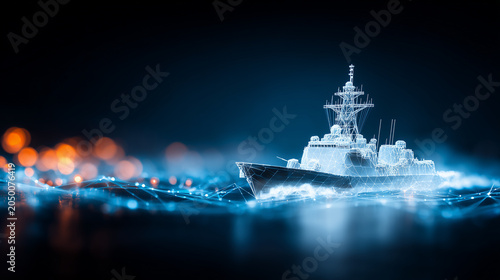 Digital naval ship wireframe on a connected surface, representing maritime defense technology and advanced naval systems
