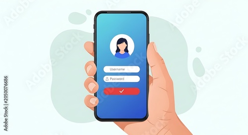 Hand holding smartphone with login screen and user avatar
