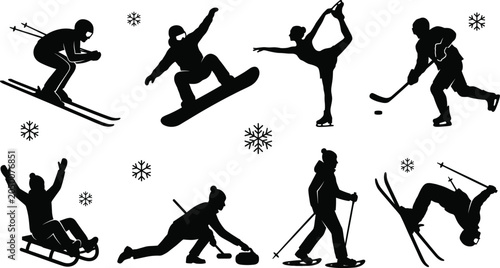 Photography Collection of black winter sports silhouettes featuring athletes skiing, snowboa
