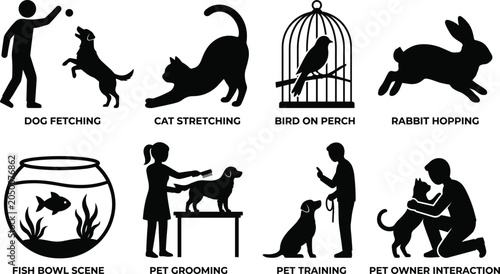 Tableau sur toile Collection of black pet care silhouettes featuring dog training, grooming, owner