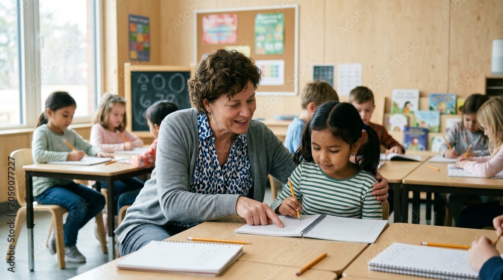 Fototapeta premium Female teacher gently holds a little schoolgirl by the shoulder and helps her write in a notebook in a lesson in a modern elementary school.