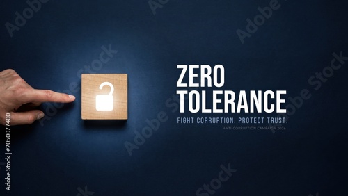 A hand points to a glowing padlock on a dark background with zero tolerance text