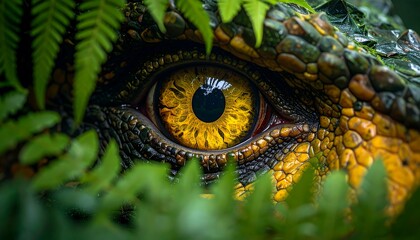 A close-up of a reptilian eye surrounded by green foliage