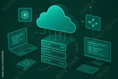Isometric green cloud computing network illustration with database servers desktop computer and data connection lines