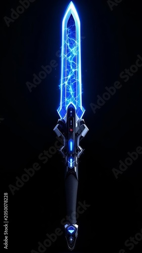 Futuristic cyberpunk energy sword with a glowing blue blade filled with electric lightning strikes over a dark background