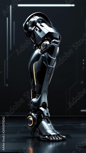 Futuristic robotic leg prosthesis with glowing elements standing on a dark glossy surface in a tech lab environment