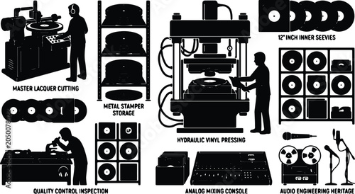 Foto Vinyl Record Manufacturing Process Icons, Vintage Audio Engineering Equipment, M