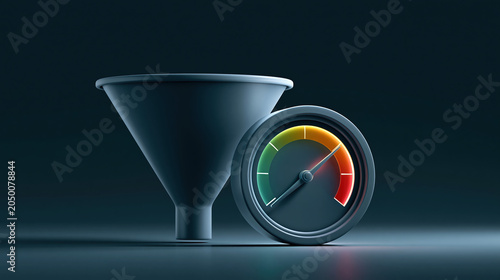 Digital marketing strategy funnel with performance gauge indicating conversion speed