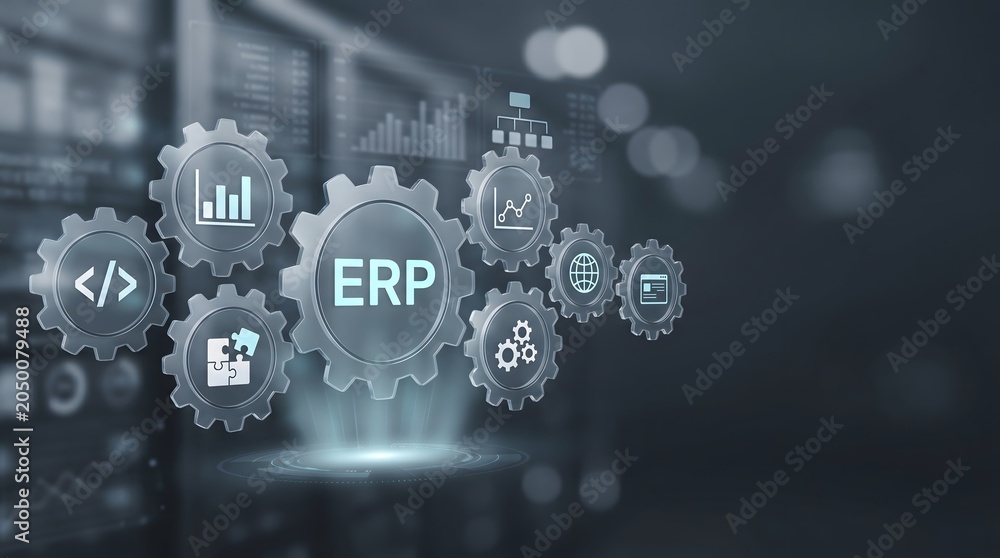 Fototapeta premium ERP system gears with business icons and code symbols