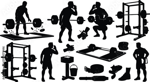 Foto Fitness Silhouette Icons Set: Weightlifting, Gym Equipment, Athlete Poses, Worko