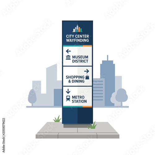 City Center Wayfinding Signage with Icons for Museum District, Shopping, Dining, and Metro Station amidst a Skyline