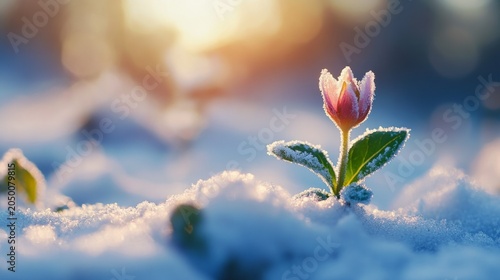 close up of flower emerging through snow, resilience concept, generative ai