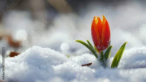 close up of flower emerging through snow, resilience concept, generative ai