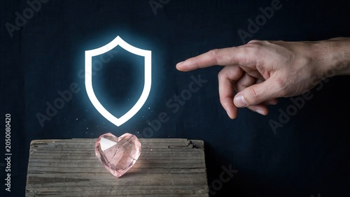 A hand pointing to a glowing shield above a heart on a wooden block