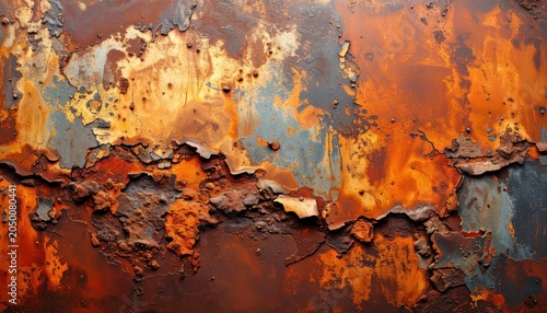 Peeling rust and corrosion on old metal surface texture.