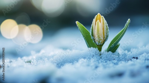 close up of flower emerging through snow, resilience concept, generative ai
