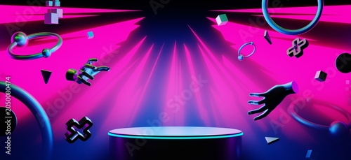 abstract backgound video game of scifi gaming cyberpunk, vr virtual reality simulation and metaverse, scene stand pedestal stage, 3d illustration rendering, futuristic neon glow room