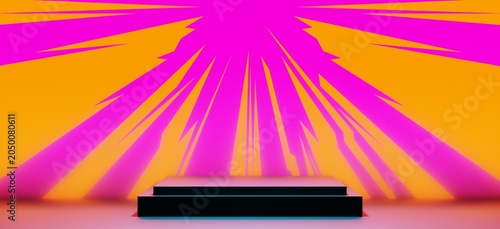 abstract backgound video game of scifi gaming cyberpunk, vr virtual reality simulation and metaverse, scene stand pedestal stage, 3d illustration rendering, futuristic neon glow room