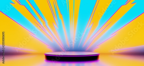 abstract backgound video game of scifi gaming cyberpunk, vr virtual reality simulation and metaverse, scene stand pedestal stage, 3d illustration rendering, futuristic neon glow room
