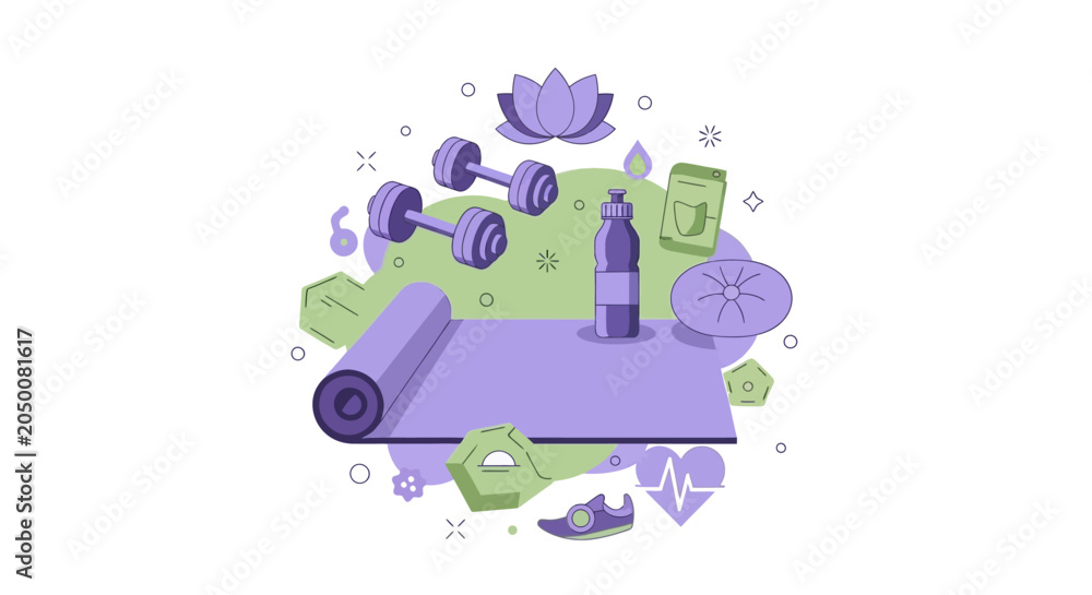 Naklejka premium Fitness and Wellness Flat Illustration with Yoga Mat, Dumbbells, Water Bottle, and Lotus Flower for Healthy Lifestyle Concept