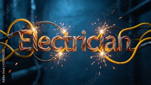 Glowing sparks flying from twisted exposed copper wires forming the word electrician on a dark industrial blue background with cables