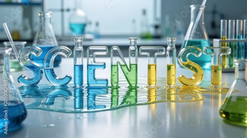 Transparent glass typography spelling scientist filled with vibrant colored chemical liquids sitting on a wet laboratory table among beakers