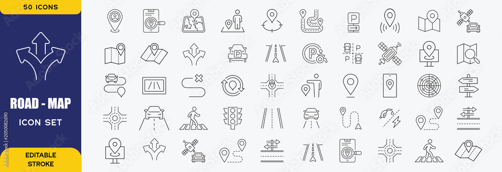 Obraz premium Road map icon set. Outline icons collection. Editable stroke. Vector illustration