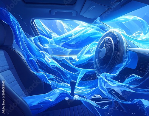 A car's interior with glowing blue smoke swirling around the steering wheel and seats