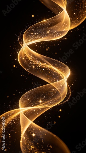 Abstract glowing golden light wave with sparkling glitter particles on a black background