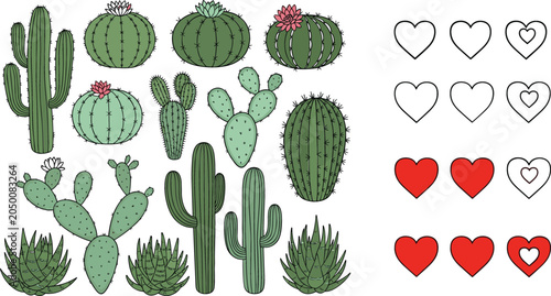 Canvastavla Green Cactus and Heart Icon Vector Set Featuring Diverse Desert Succulents Prick