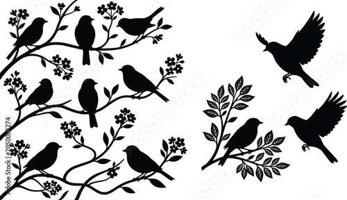 Bild auf Leinwand Bird silhouettes on tree branches with leaves and flowers set for spring design templates in image_8380b6
