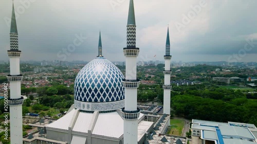 Aerial view of Sultan Salahuddin Abdul Aziz Shah Mosque, also known as the Blue Mosque, in Shah Alam, Selangor, Malaysia.