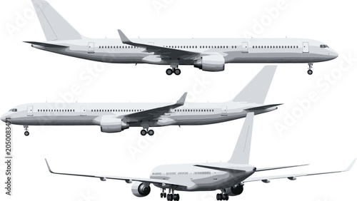 Tableau sur toile Commercial Passenger Airplane Vector Set Featuring Three Angle Views of White Je