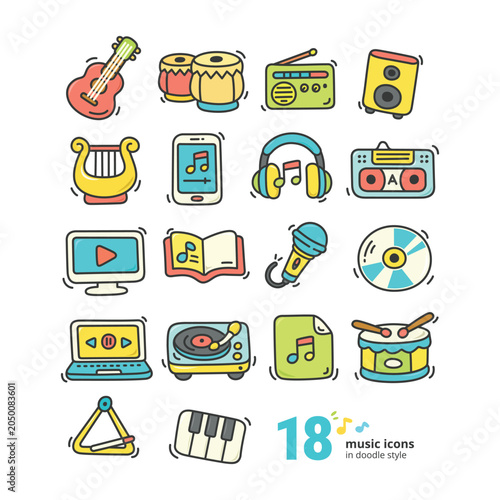Cute Music Doodle Icon Set Vector. Hand Drawn Musical Instruments Line Art Collection