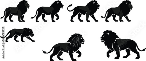 Photography Black low poly vector collection of walking lion silhouettes and geometric preda