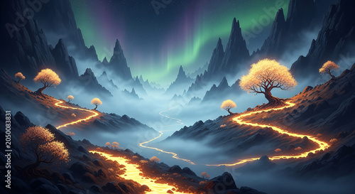 Digital artwork of a mystical landscape with a glowing river, trees, and mountains under the aurora borealis in a dreamy, surreal atmosphere.
