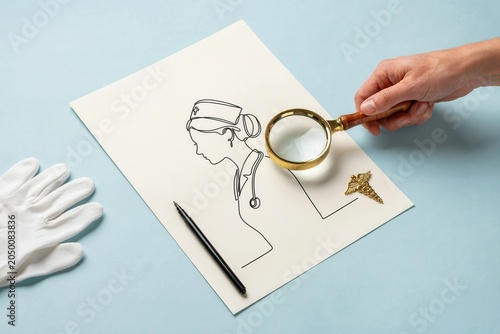 A hand examines a medical illustration with a magnifying glass on a table.