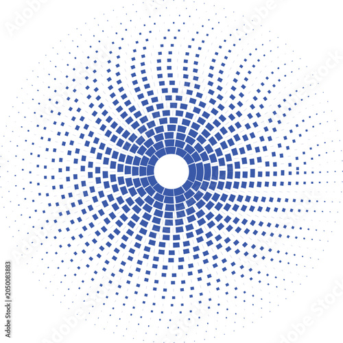 Abstract blue halftone spiral vector, geometric sunburst pattern with square dots, circular radial gradient design for tech branding and modern backgrounds