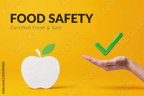 A hand presents a green checkmark next to a fresh apple symbolizing food safety and quality control in a hygienic environment from a close-up viewpoint.