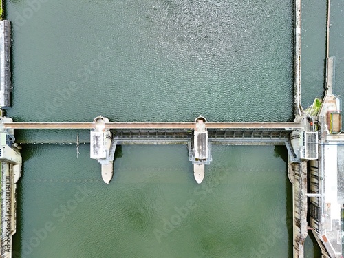 Aerial Top View of Hydroelectric Dam on the Moselle River