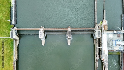 Aerial Top View of Hydroelectric Dam on the Moselle River